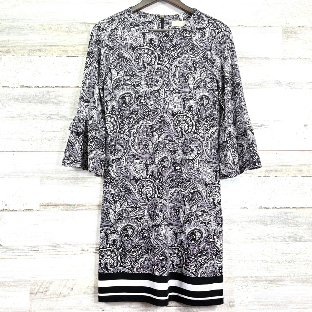 Michael Kors Black White Paisley Print Sheath Dress Flared Bell 3/4 Sleeve XS‎